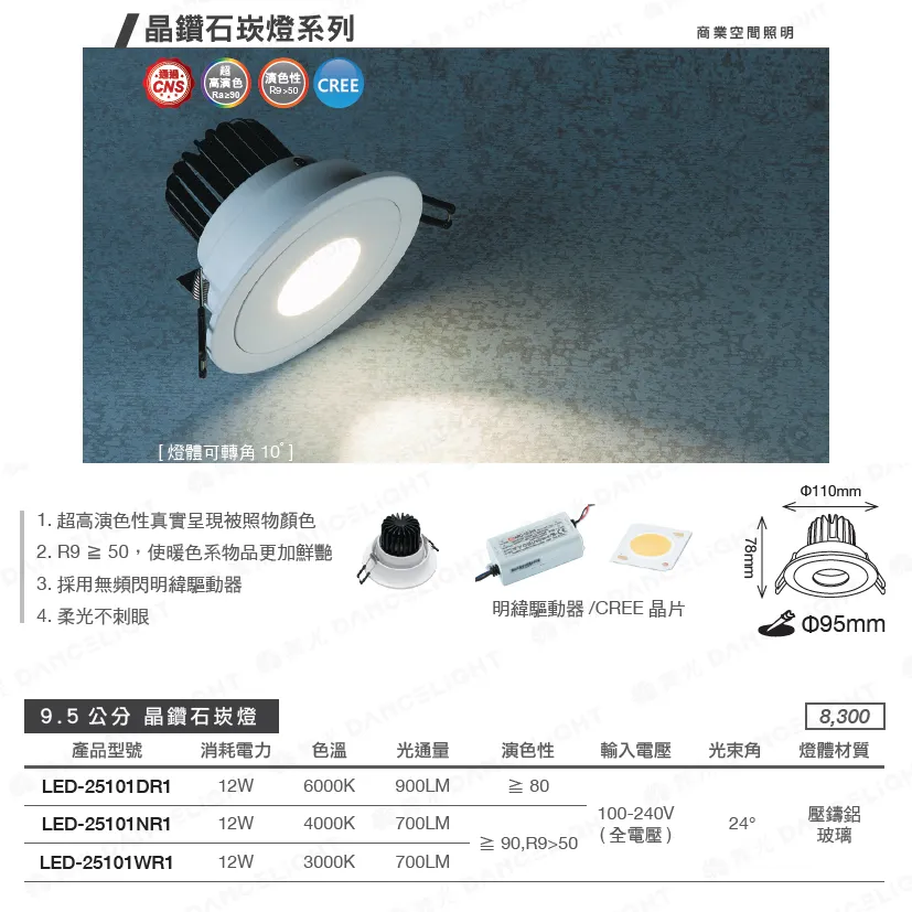 舞光  LED 12W 晶鑽石崁燈 崁入孔9.5公分 可轉角10度 柔光不刺眼 LED-25101