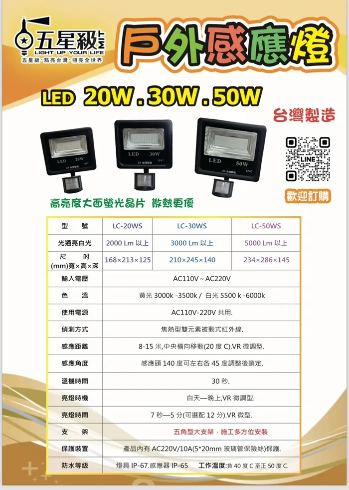 台灣製 LED 20W/30W 50W 戶外紅外線感應式投射燈投光燈 白光/黃光 LC-20WS/ LC-30WS / LC-50WS