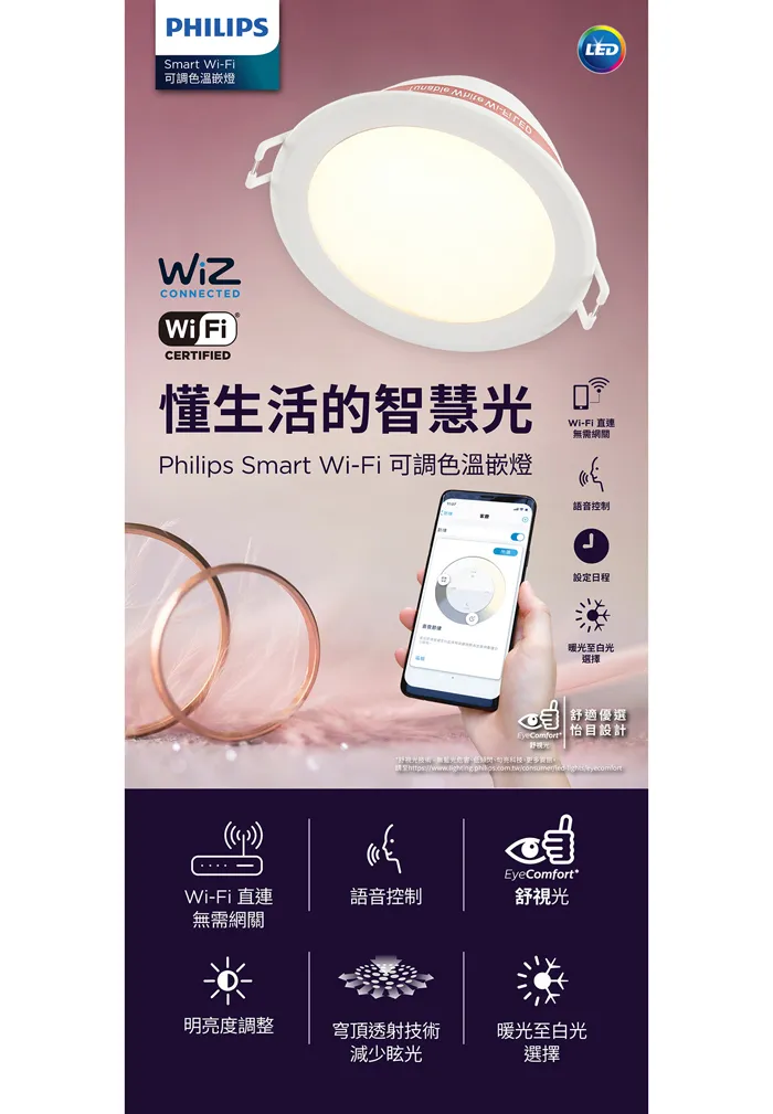 PHILIPS 飛利浦 Wi-Fi WiZ 智慧照明 LED 17W 可調光調色嵌燈 PW003