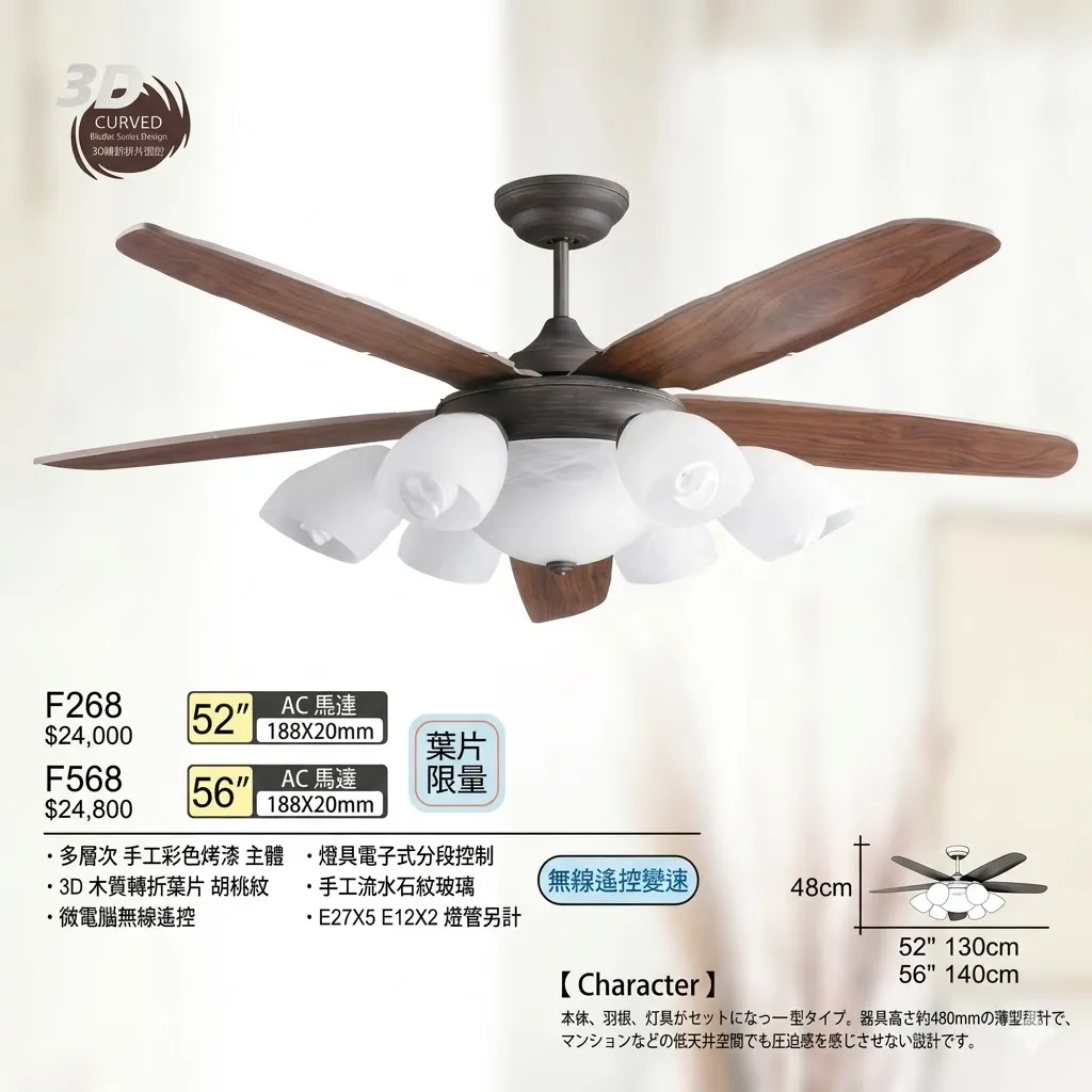 將財 台灣製 52吋吊扇+燈具 F268 56吋吊扇+燈具 F568