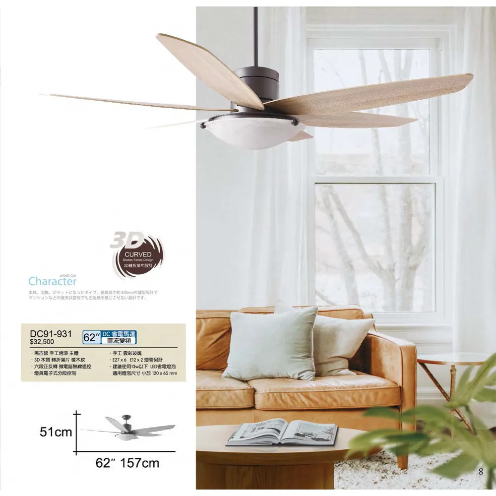 將財 台灣製 62吋DC吊扇+燈具附遙控器110V DC91-932白/DC91-931黑