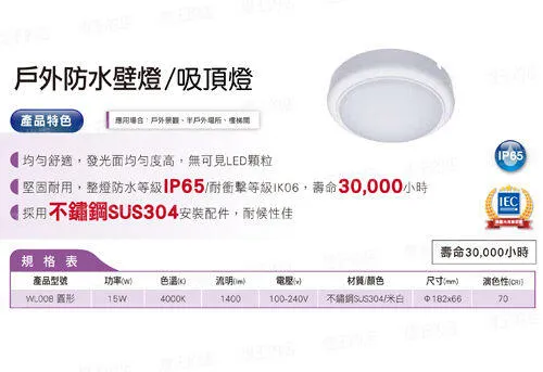 飛利浦 防水型/室內外系列 LED15W壁燈/吸頂燈 WL008 4000K