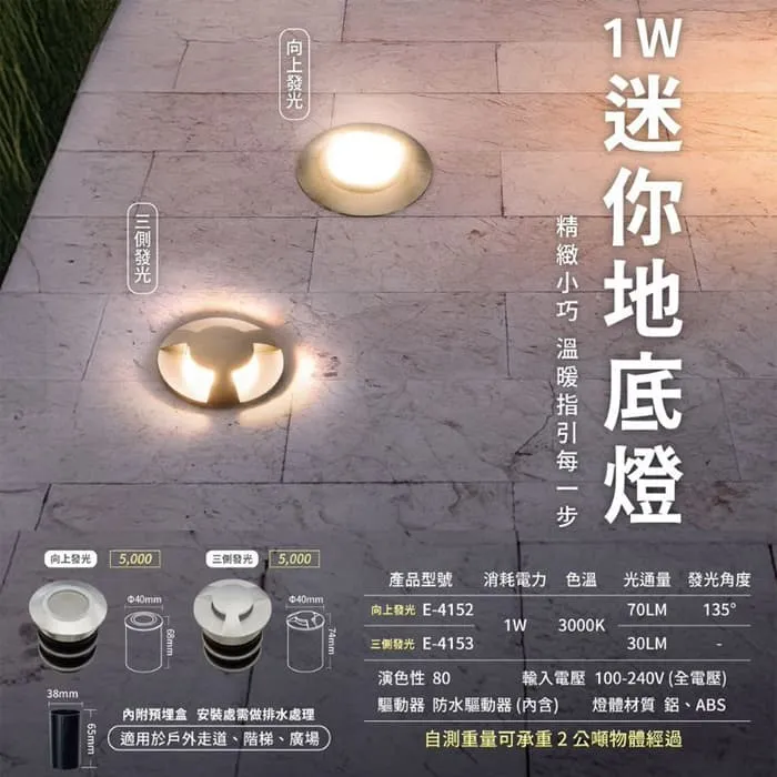舞光 LED 1W迷你地底燈3000K 向上發光/三側發光 (E-4152/E-4153) IP67防塵防水等級