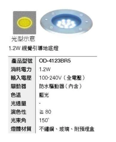 LED 1.2W地底燈(內附預埋盒.驅動器)全電壓 OD-4123BR5藍光 / OD-4123WR5暖白