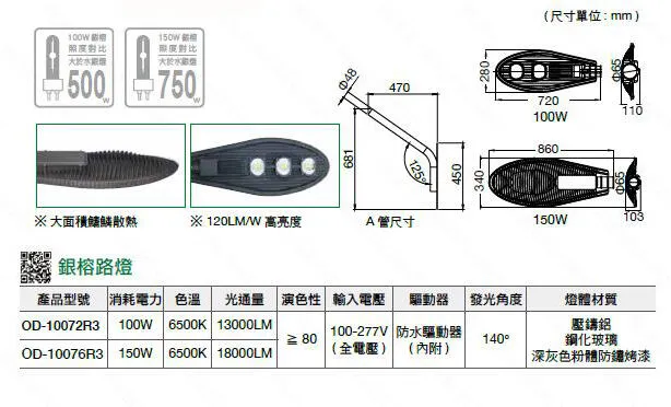 舞光LED 100W 150W 銀榕路燈.庭園燈.LED戶外燈具 OD-10072R3 OD-10076R3