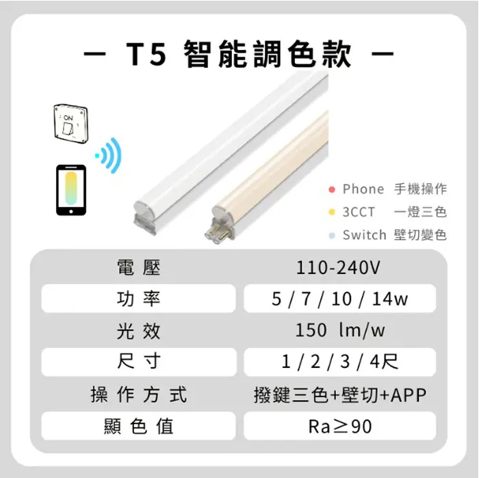 輕智能 智慧 壁切調光調色+小夜燈 T5層板燈 1尺5W / 2尺7W / 3尺10W / 4尺14W  串接線另購 CL710~CL714