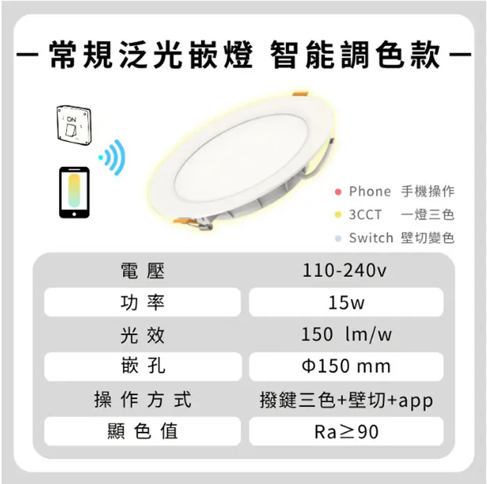輕智能 崁燈 15公分15W 壁切三色變光+小夜燈  FD1531-1