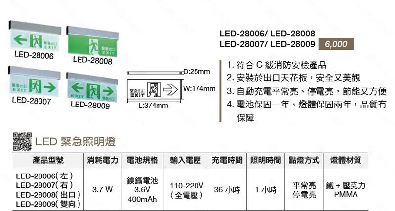 舞光 吸頂式LED停電方向指示燈 左向/右向/出口/雙向 LED-28006-9