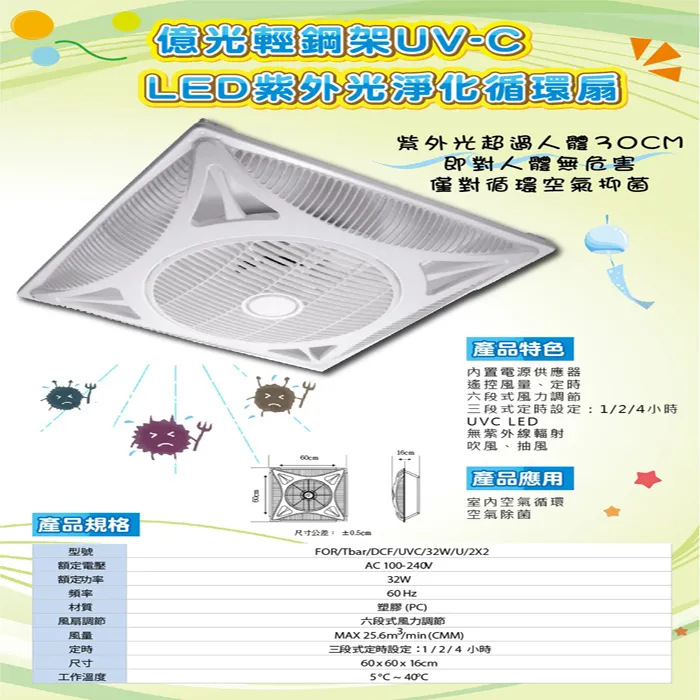 億光輕鋼架UV-C LED 紫外光凈化循環扇 室內空氣循環 S001EL004
