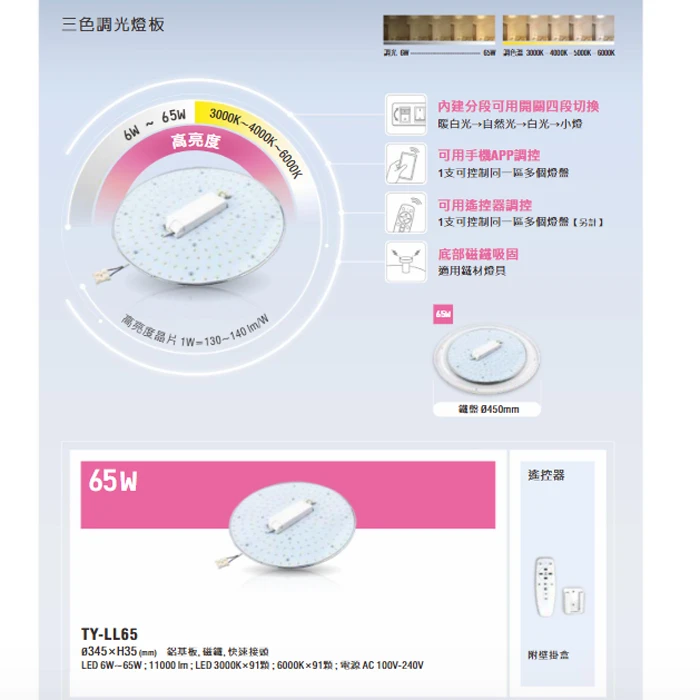 可換式三色變光 LED 65W吸頂燈 附遙控器 可調光調色 客廳燈 臥室燈 F0245339-3HR
