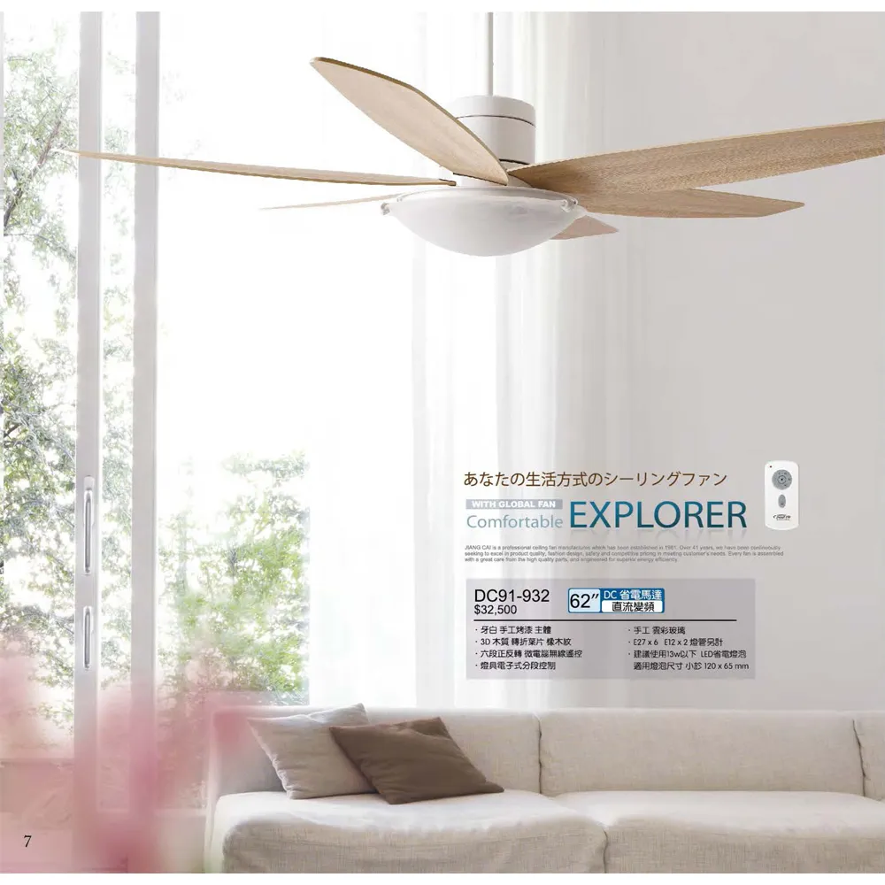 將財 台灣製 62吋DC吊扇+燈具附遙控器110V DC91-932白/DC91-931黑