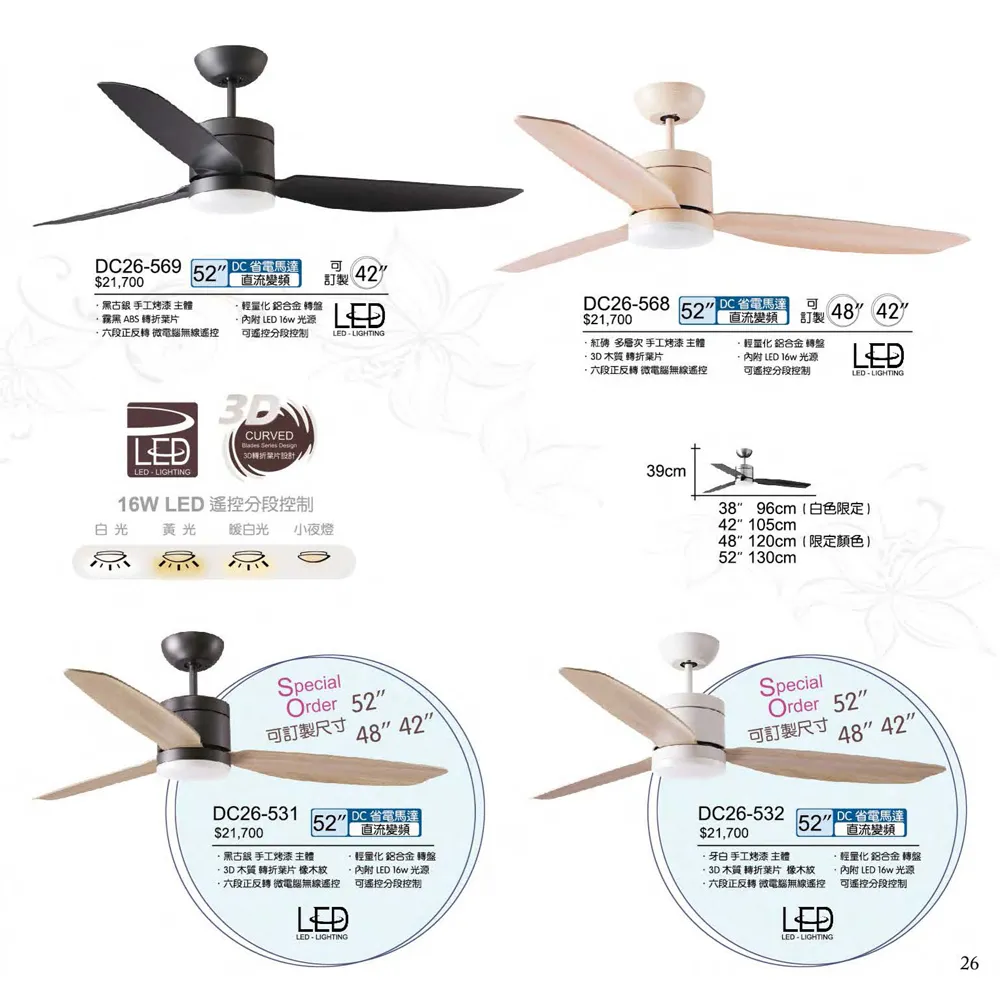 將財 台灣製 38吋/42吋/48吋/52吋 DC吊扇+LED 16W 附遙控器 DC26-570 DC-26-569 DC26-568  DC26-531 DC26-532