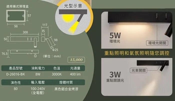 舞光 LED 8W 梅林床頭壁燈 可調式燈頭 D-26016-BK D-26016LBK