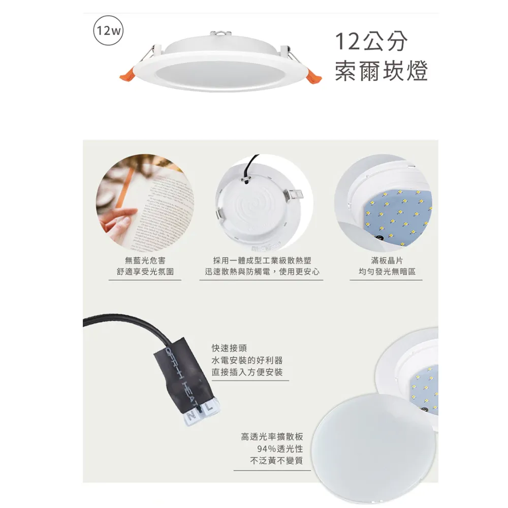 舞光 LED 12W 索爾崁燈 崁入孔12公分 正白/自然光/黃光 LED-12