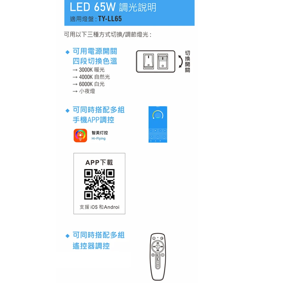 可換式三色變光 LED 65W吸頂燈 附遙控器 可調光調色 客廳燈 臥室燈 F0245385B-QR
