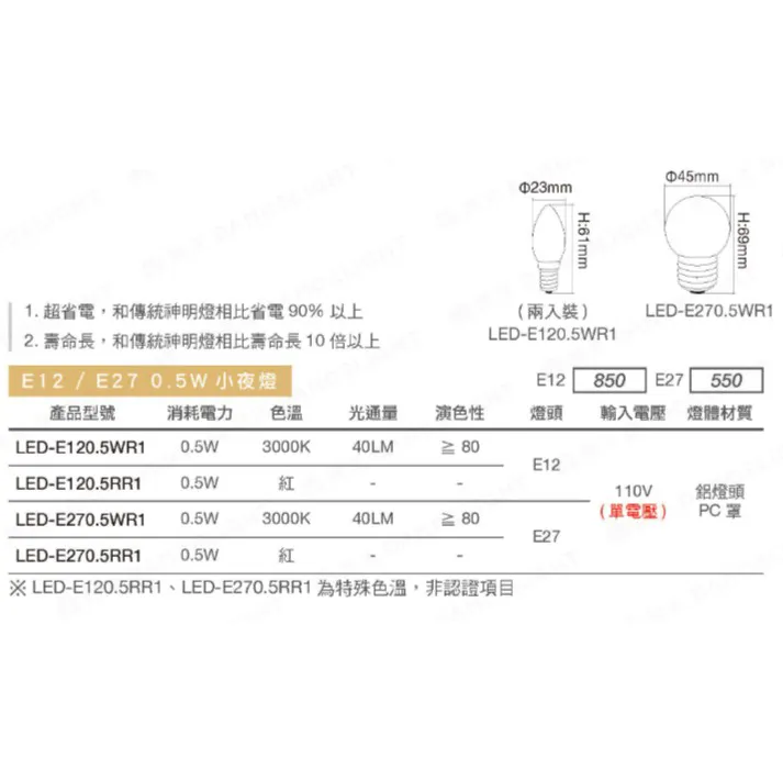 舞光 LED E27/ E12 小夜燈泡 0.5W 黃光 LED-E27 / LED-E120.5WR1