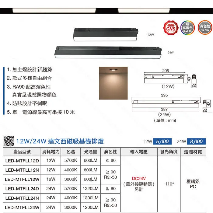 舞光LED 12W/24W達文西磁吸式 窄角/廣角/可擺角軌道燈 排燈 三種色溫 LED-MTSPL12 LED-MTFLL12