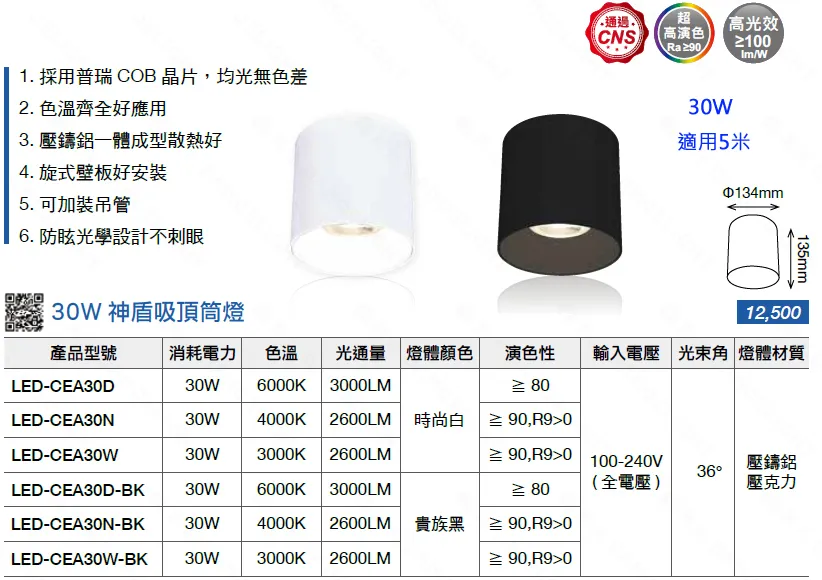 舞光神盾 LED 10W.20W.30W.40W 筒燈 白框/黑框  神盾筒燈 吸頂燈 全電壓 LED-CEA10~40