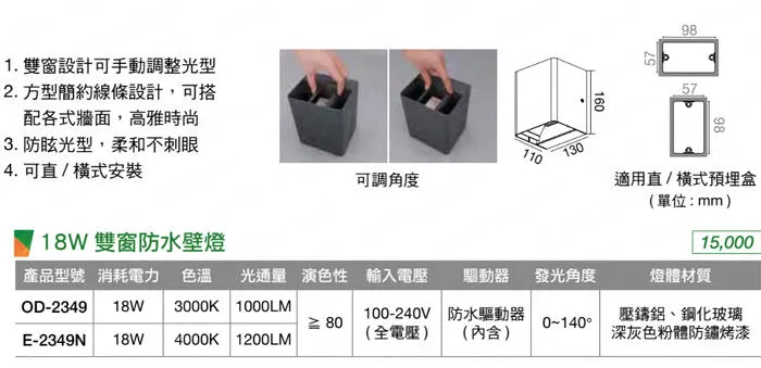 舞光 LED 18W戶外雙窗壁燈 走道燈 庭園燈 OD-2349 E-2349N 手動調整發光角度