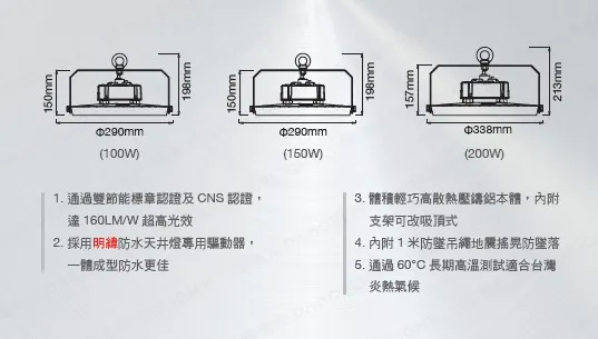 舞光 LED 100W 150W 200W 宇宙天井燈 防水IP66 (附掛勾壁板.防墜繩)  LED-HBUN