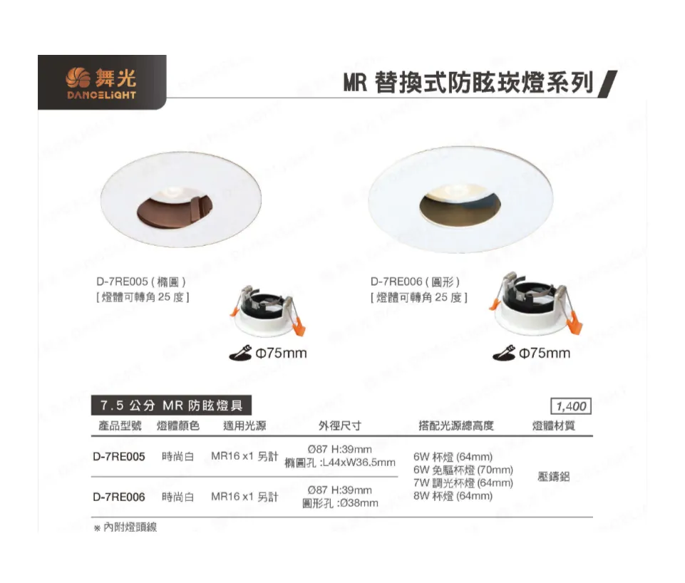 舞光 LED 7.5公分 MR防眩造型崁燈 白框 橢圓D-7RE005 圓形D-7RE006 (另購燈泡)