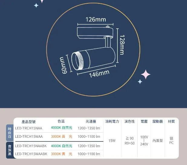 舞光 LED 15W 查爾斯變焦軌道燈 光束可變焦 燈體可垂直轉角 白框/黑框 LED-TRCH15