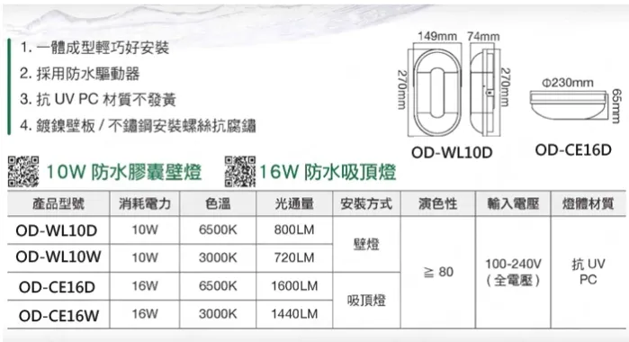 舞光 LED 10W16W 防水膠囊壁燈/吸頂燈 (OD-WL10 /OD-CE16) IP66白光/黃光