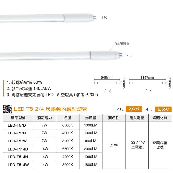 舞光 LED T5驅動內藏型燈管 2尺/4尺 全電壓 三色溫可選LED-T57 LED-T514