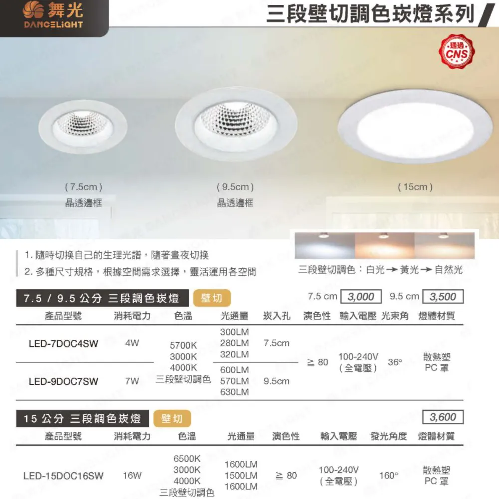 舞光 LED 4W /7W/16W 三段壁切調色崁燈(LED-7DOC4SW LED-9DOC7SW LED-15DOC16SW)崁入孔7.5公分 9.5公分 15公分