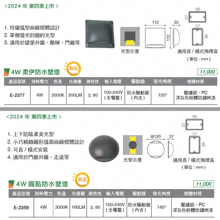 舞光LED 4W 柔伊/圓點防水壁燈 戶外壁燈 庭園燈 IP66戶外壁燈 E-2377 E-2359