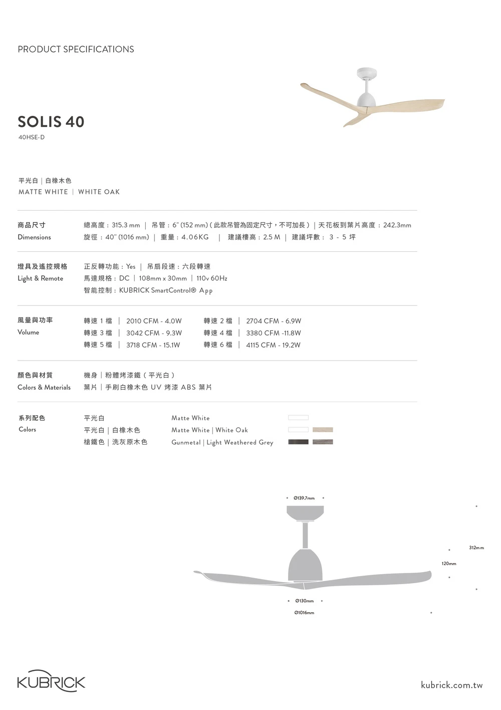 酷必客 SOLIS系列 40吋DC吊扇 40HSE-D 三色可選擇 吊管式