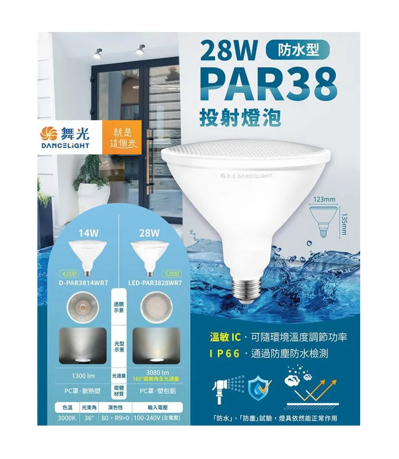 防水型 LED 14W 28W PAR38 投射燈泡(LED-PAR38 / D-PAR3814W)E27燈頭 全電壓 IP66