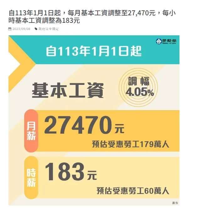 自113年1月1日起，每月基本工資調整至27,470元，每小時基本工資調整為183元