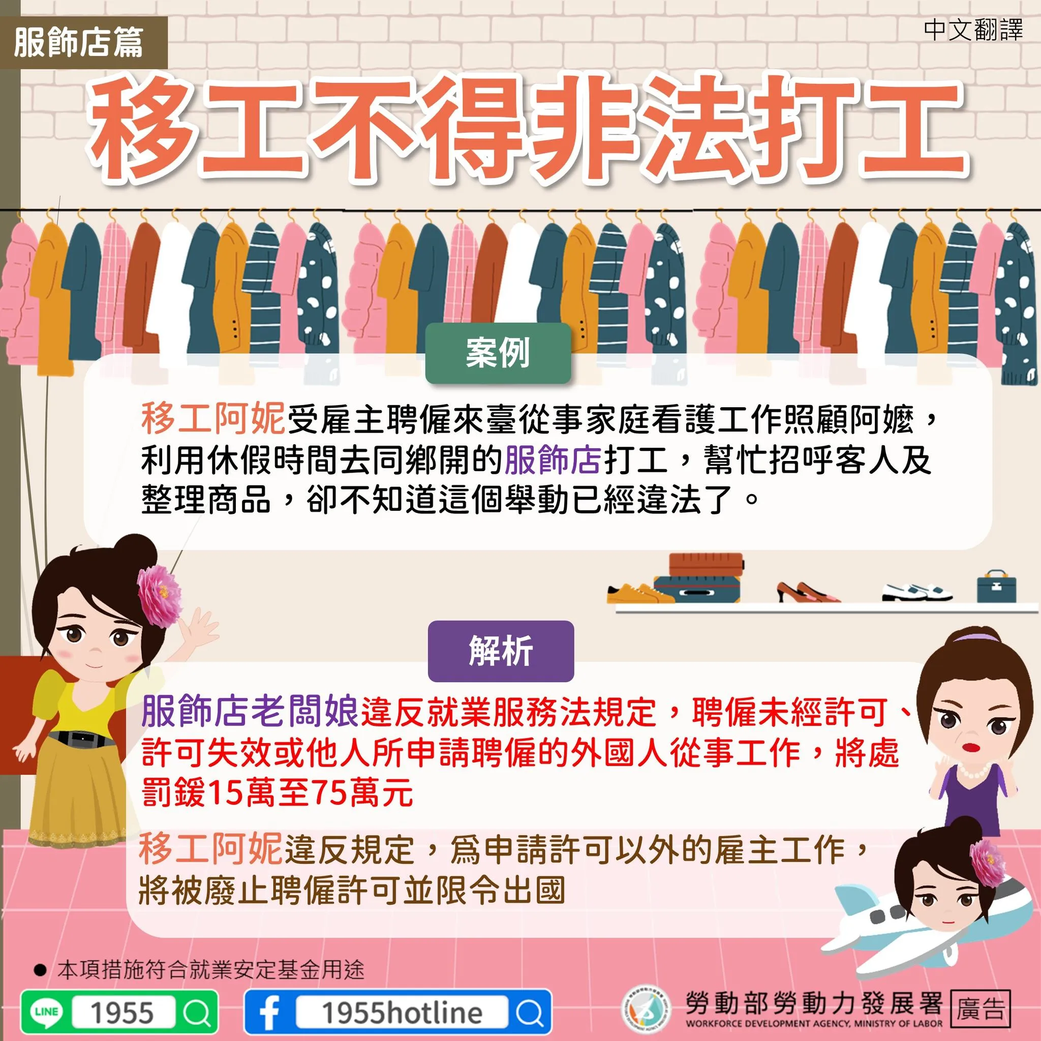多國語言版 - 移工不得非法打工!
