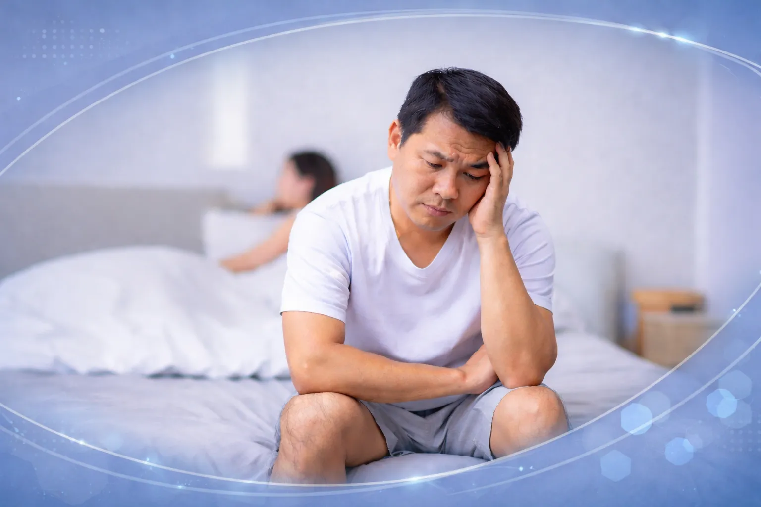 男性因性功能困擾而感到壓力與煩惱的情境示意圖