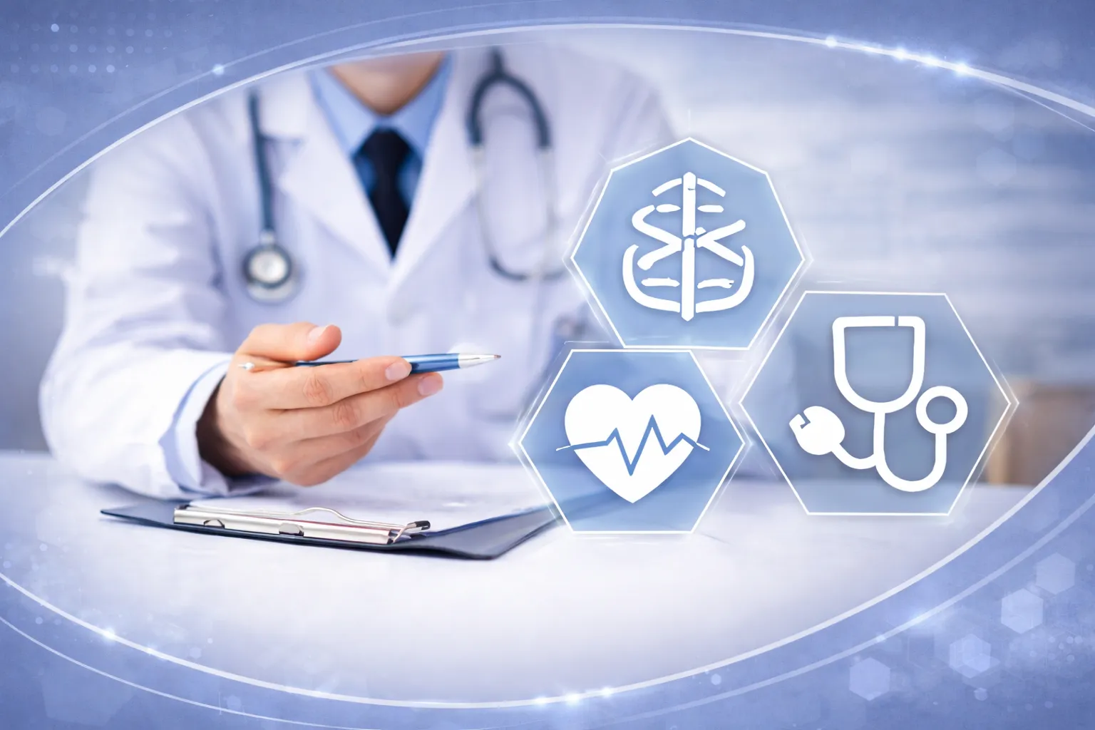 泌尿科醫師進行專業評估與說明的醫療情境示意圖