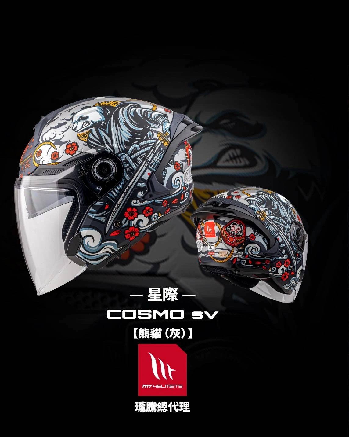 西班牙 MT COSMO SV 星際 熊貓 灰 3/4半罩 安全帽 快拆式鏡片 內墨鏡 鴨尾 亞版公司貨