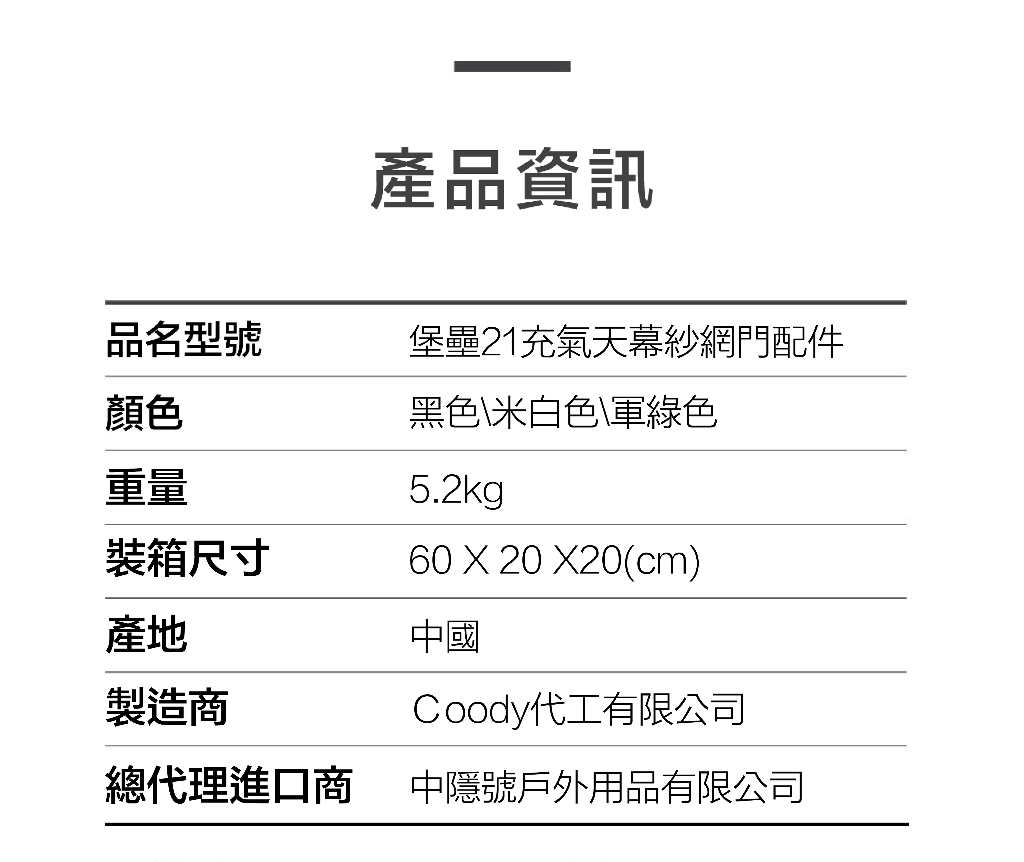 Coody 堡壘21專用紗網門套件 1片