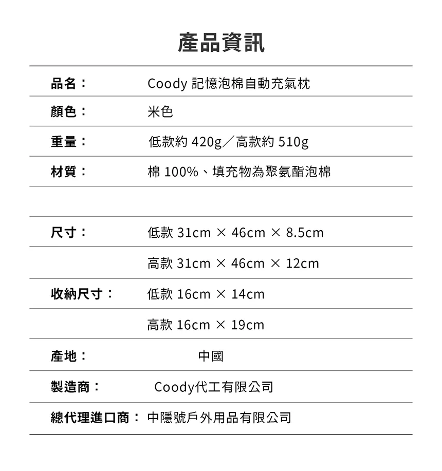 Coody 3D自動充氣Air Pillow枕頭