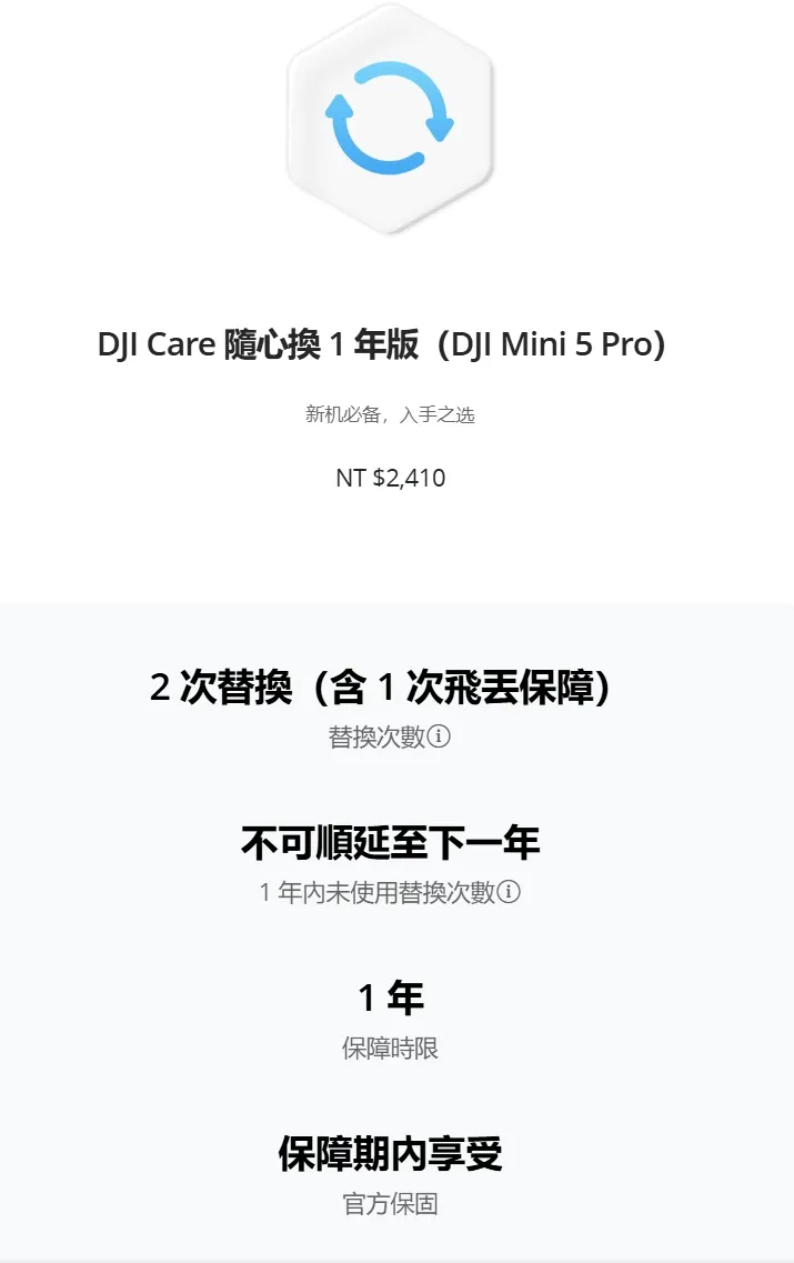 DJI Care 隨心換 1 年版（DJI Mini 5 Pro）