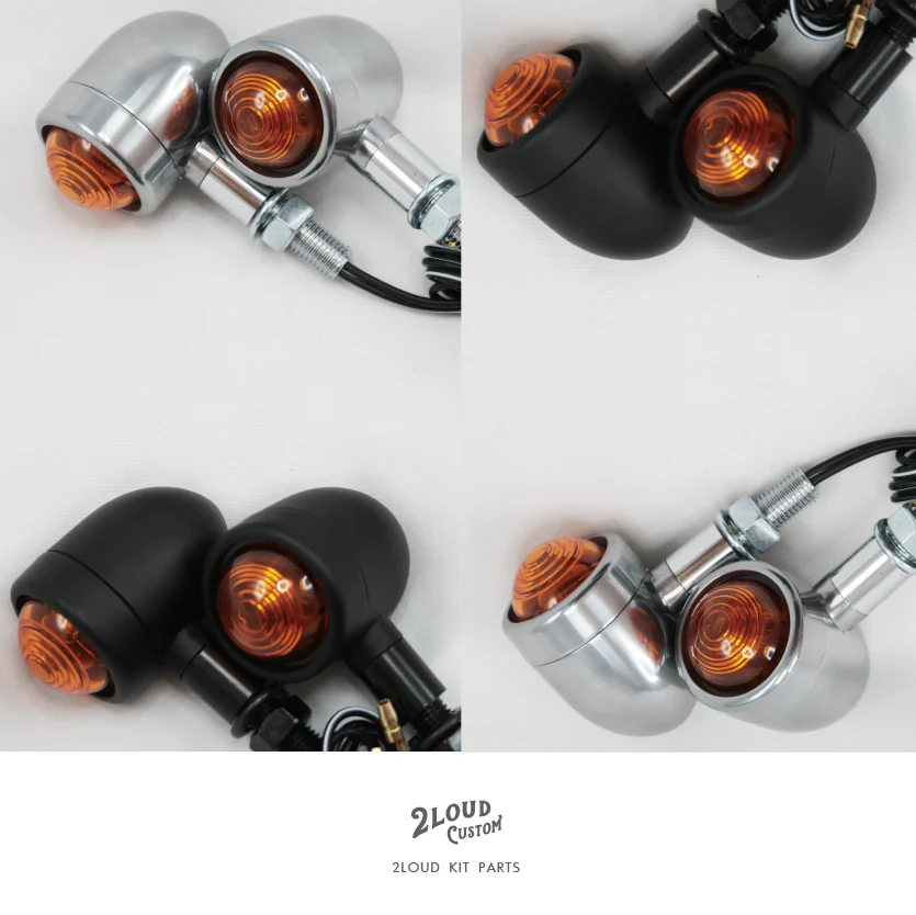 2LOUD Custom Bullet Turn Signal Lights, available in black and silver.