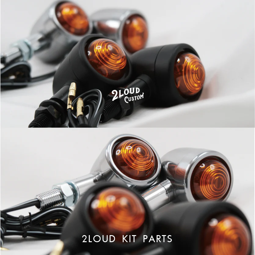 2LOUD Custom Bullet Turn Signal Lights, available in black and silver.