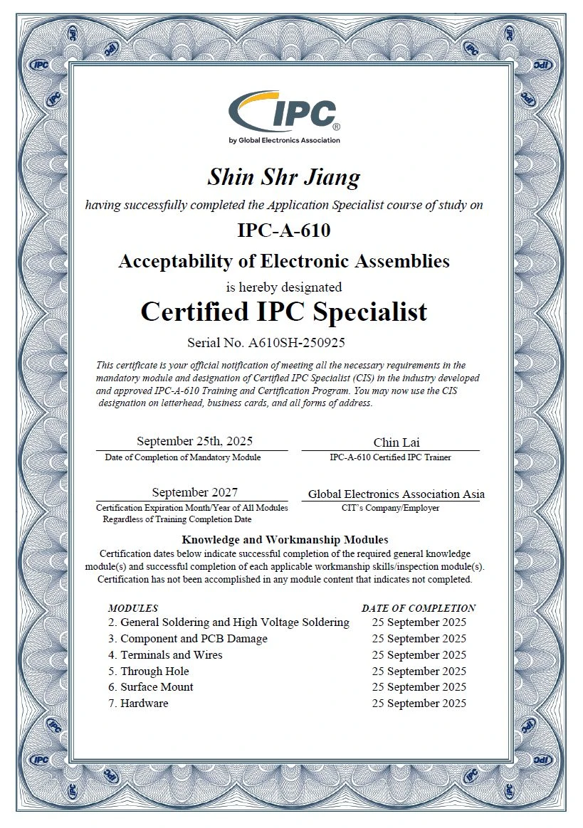 Starway Technology IPC-A-610 certificate
