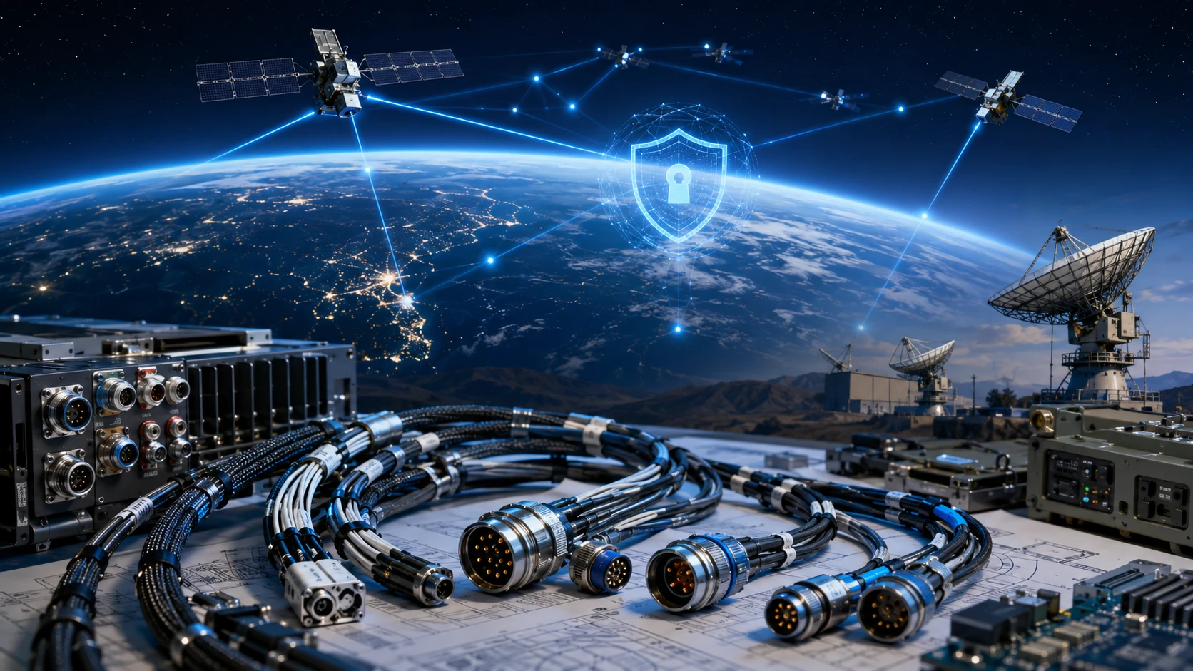 LEO satellite, secure military communication, and custom cable harness manufacturing concept image