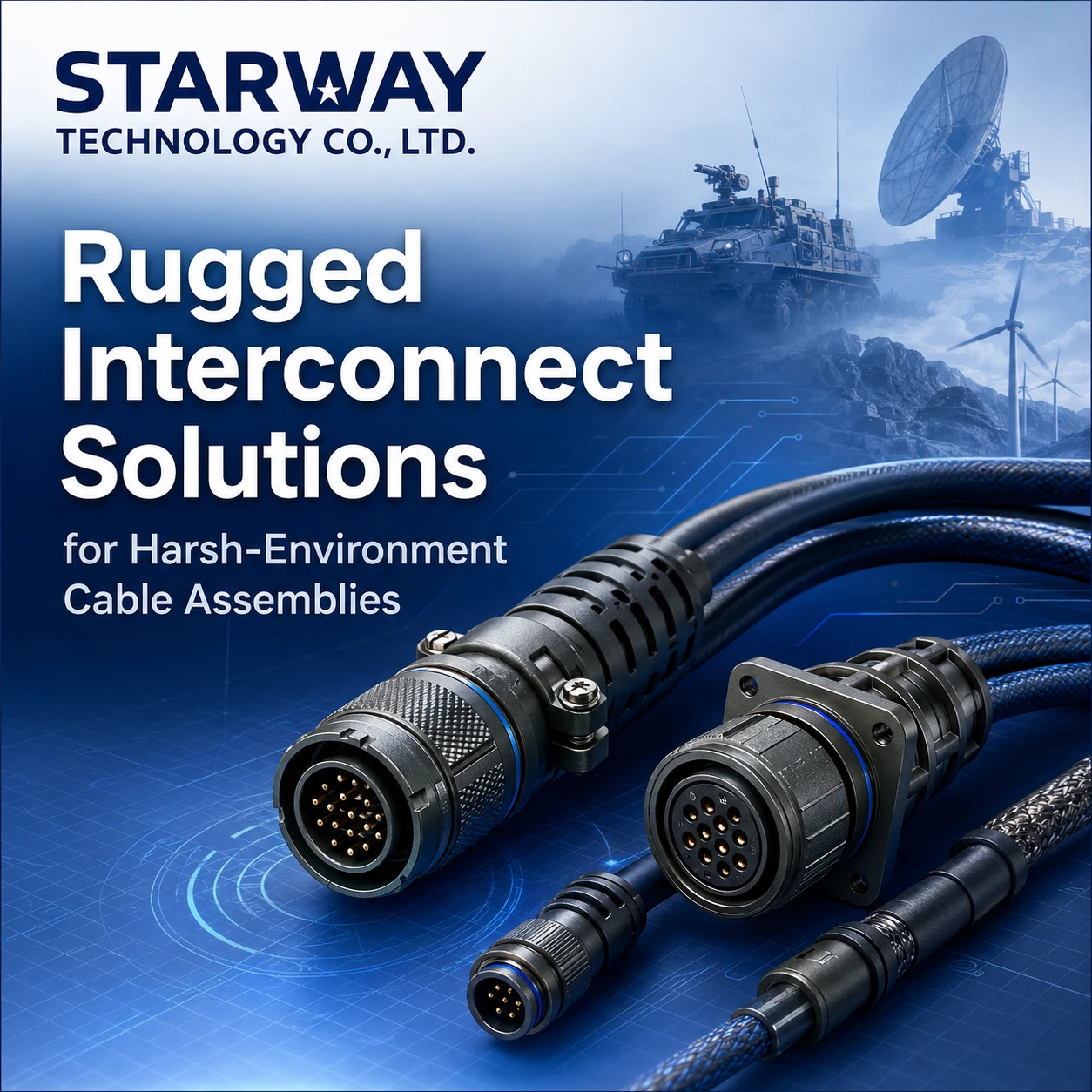Rugged interconnect brands and custom cable assembly manufacturing concept image