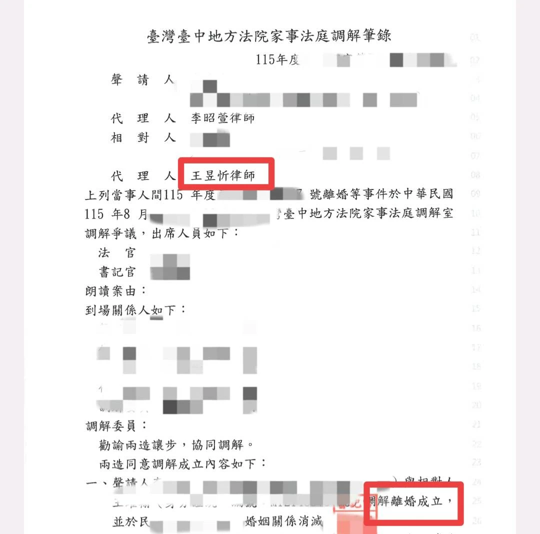 成功案例分享：想離婚對方卻不肯簽字？王昱忻律師協助客戶法院調解成立、順利解除婚姻關係