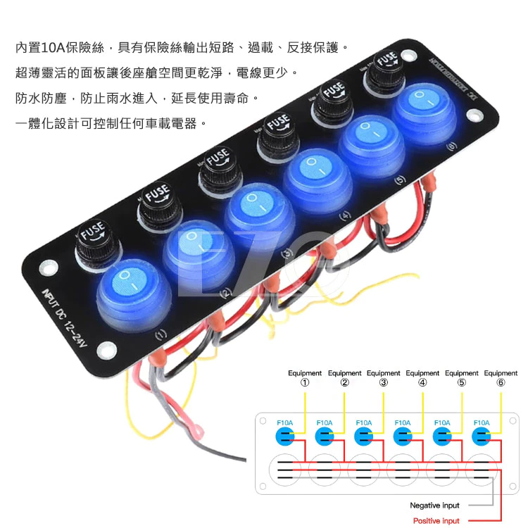 【高總裁LED 】台灣現貨 開關面板 三位組 六位組 三切 六切 防水翹板開關 12V-24V 附保險絲 10A
