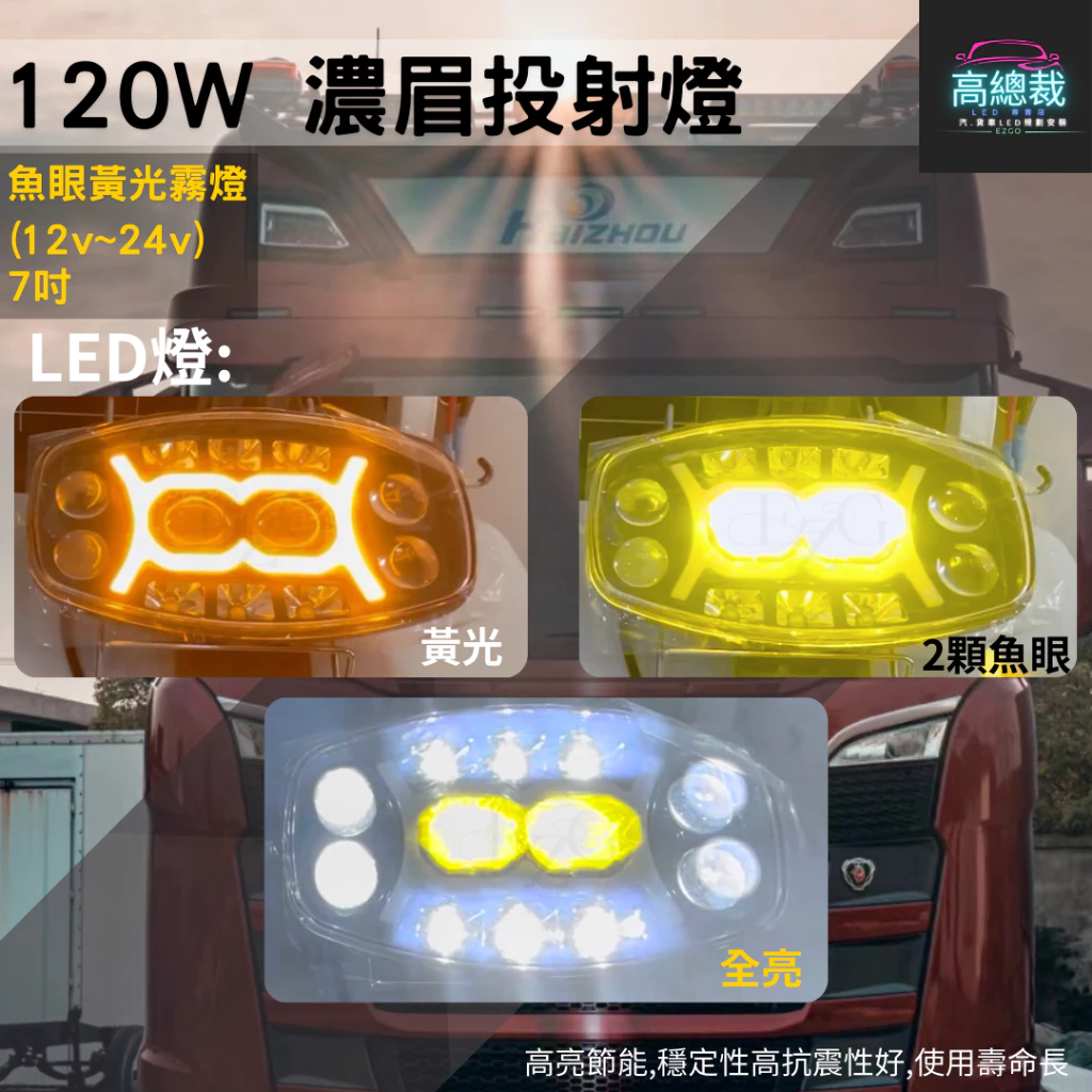 【高總裁LED】台灣現貨 120W濃眉投射燈 雙色魚眼 車頂燈 聚光燈 飛機燈 探照燈 Scania MAN DAF