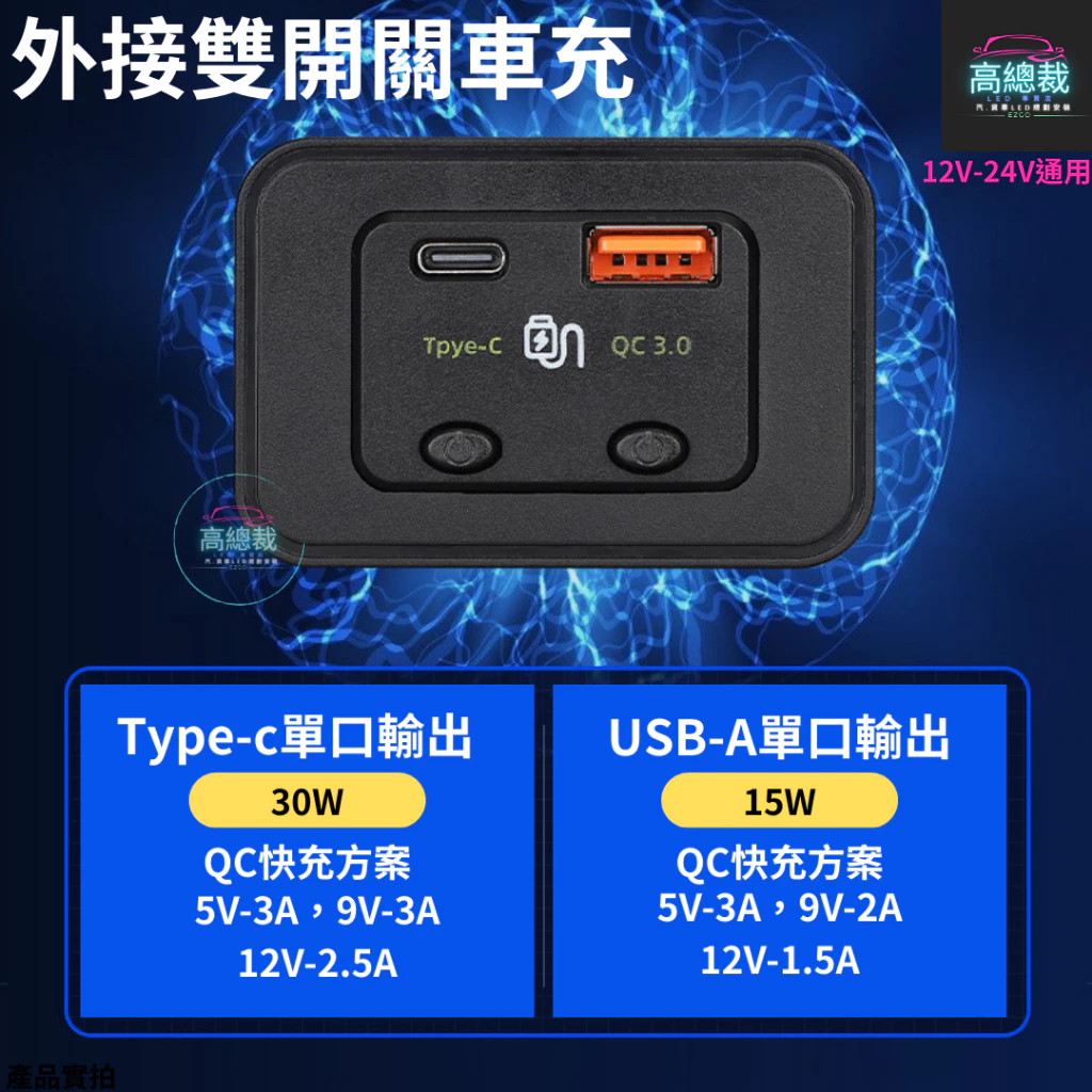 外接雙開關車充 QC3.0 USB快充 Type-c車充 豐田 改裝 12V24V 電子發票含稅 高總裁LED 台灣現貨