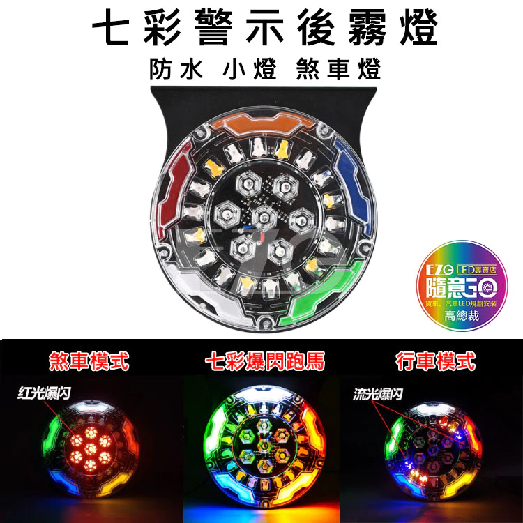 【高總裁LED 】台灣現貨 七彩警示後霧燈 12~24V 防水 小燈 煞車燈 爆閃霧燈 高亮 七彩跑馬 後尾警示燈